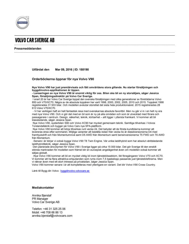 Orderböckerna öppnar för nya Volvo V90