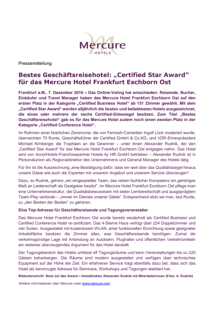 Bestes Geschäftsreisehotel: „Certified Star Award“ für das Mercure Hotel Frankfurt Eschborn Ost