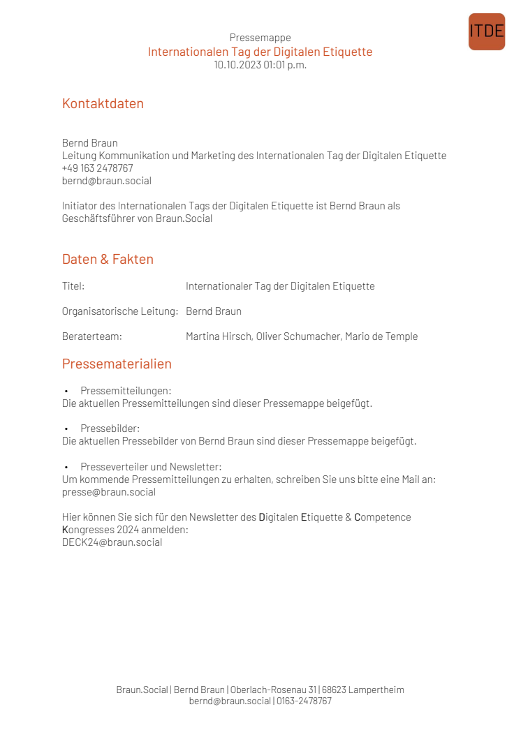Pressemappe zum IDDE durch Bernd Braun Oktober 2023