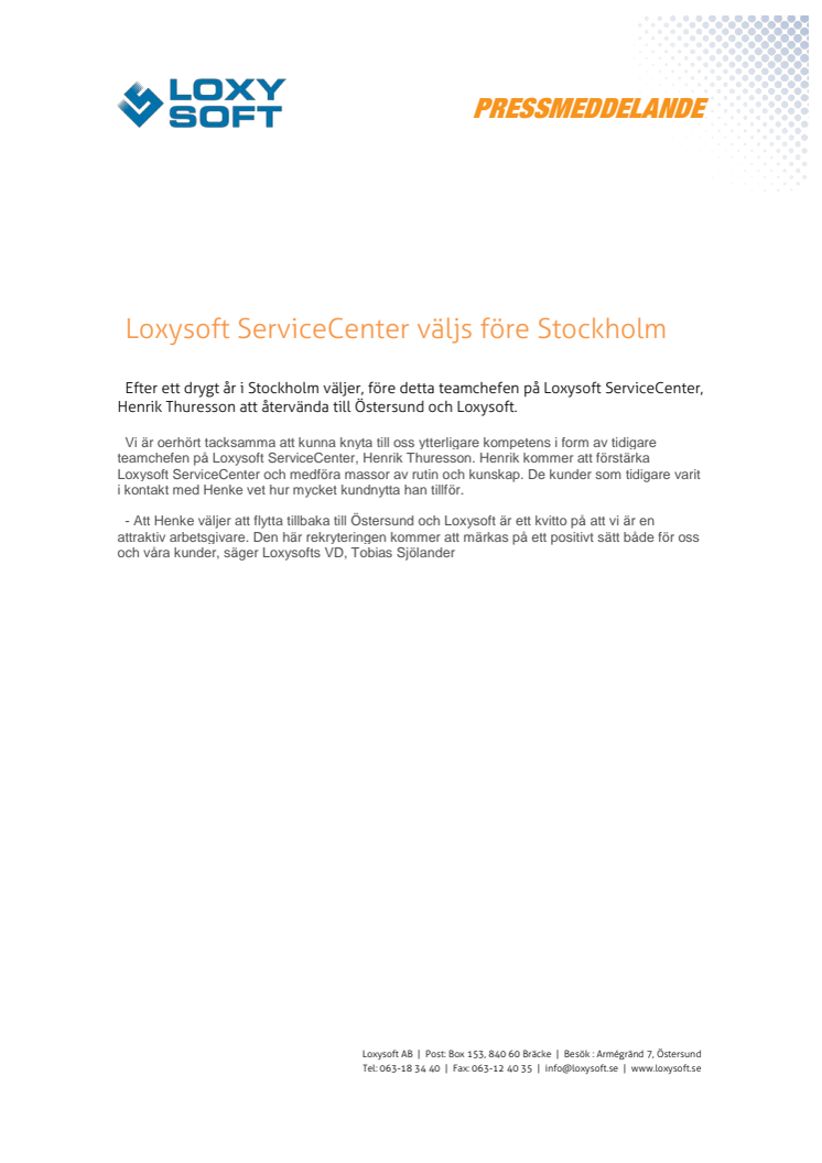 Loxysoft ServiceCenter väljs före Stockholm