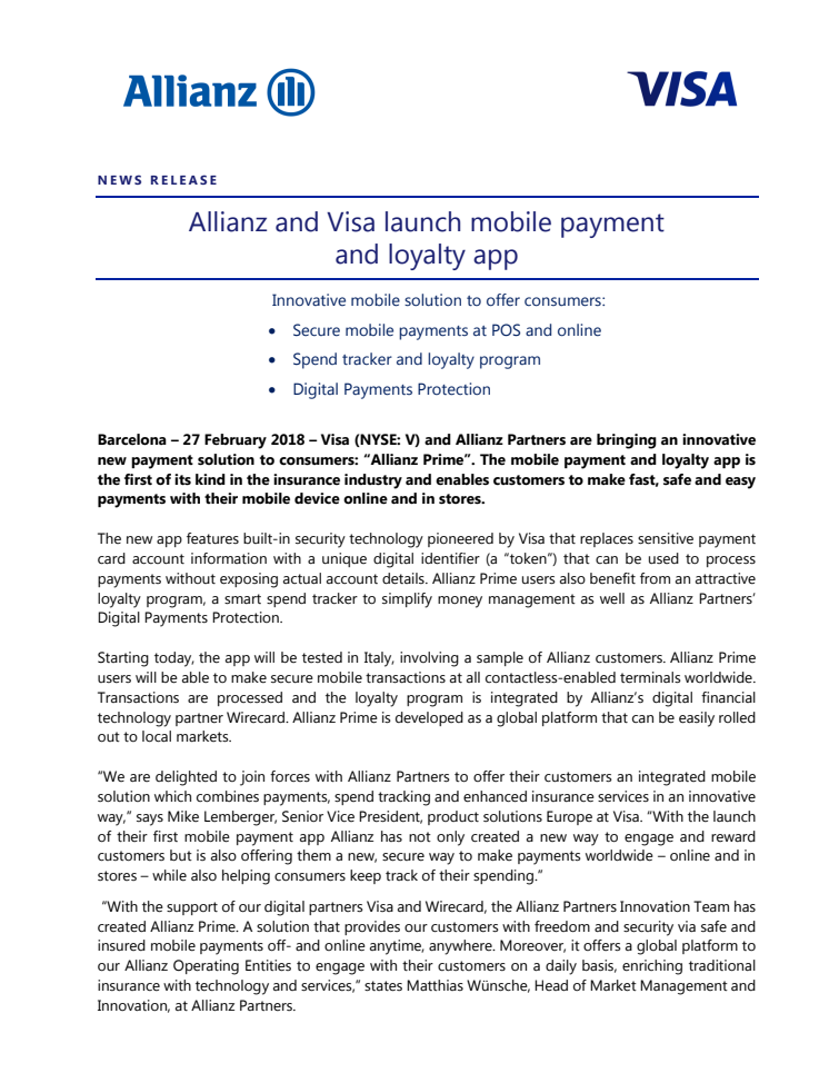 Allianz and Visa launch mobile payment and loyalty app