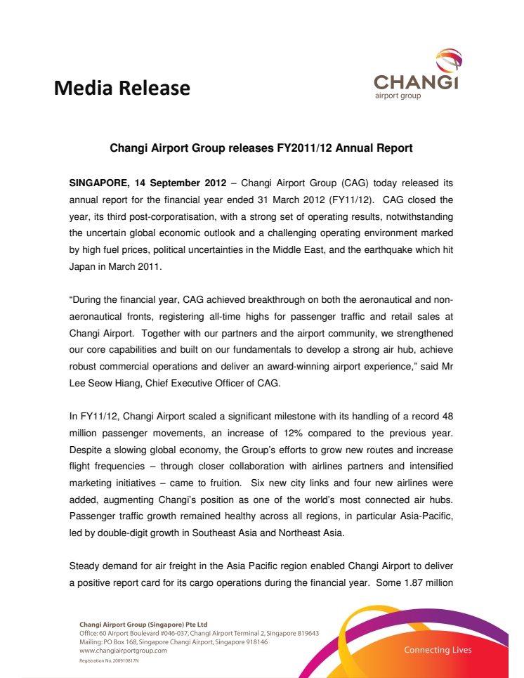 Changi Airport Group releases FY2011/12 Annual Report 