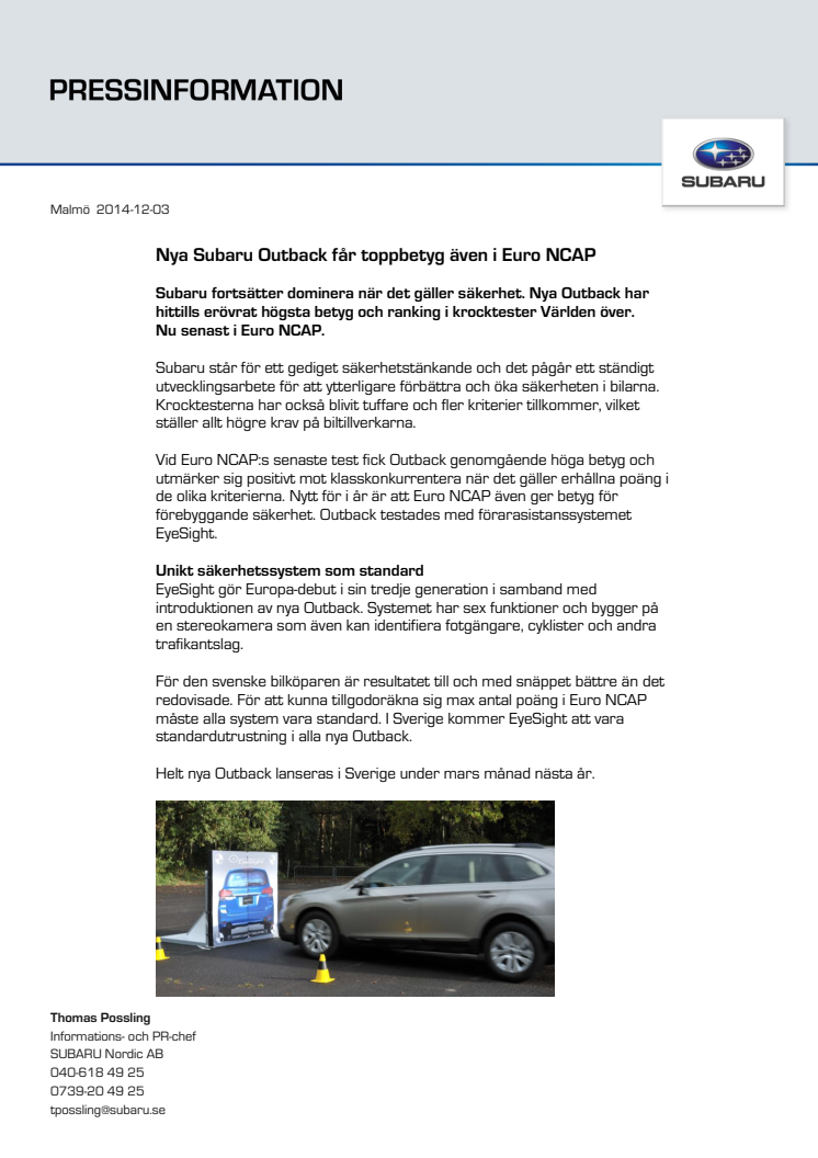 Nya Subaru Outback får toppbetyg även i Euro NCAP