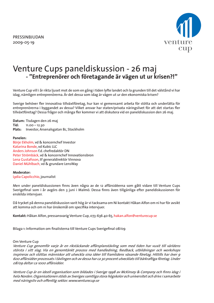 PRESSINBJUDAN: Venture Cups paneldiskussion på Investor - 26 maj