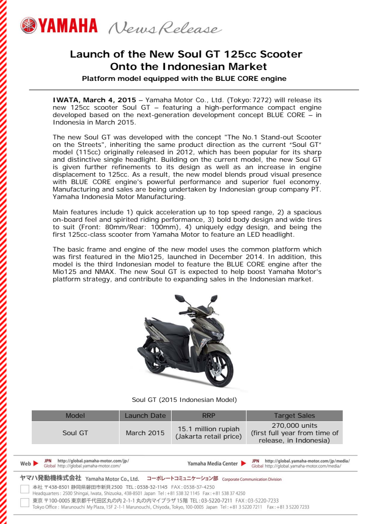 Launch of the New Soul GT 125cc Scooter Onto the Indonesian Market ~Platform model equipped with the BLUE CORE engine~