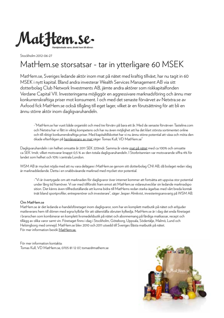 MatHem.se storsatsar - tar in ytterligare 60 MSEK