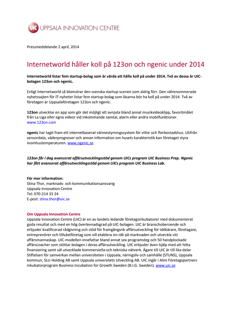 Internetworld håller koll på 123on och ngenic under 2014