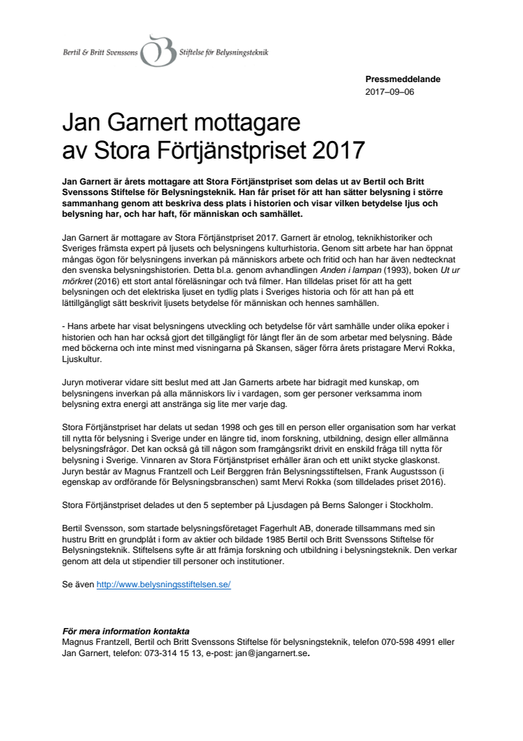 Jan Garnert mottagare  av Stora Förtjänstpriset 2017