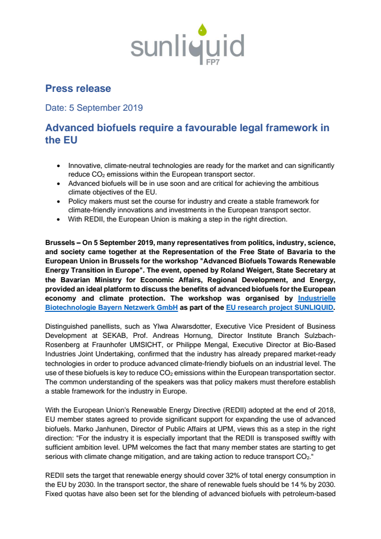 Advanced biofuels require a favourable legal framework in the EU