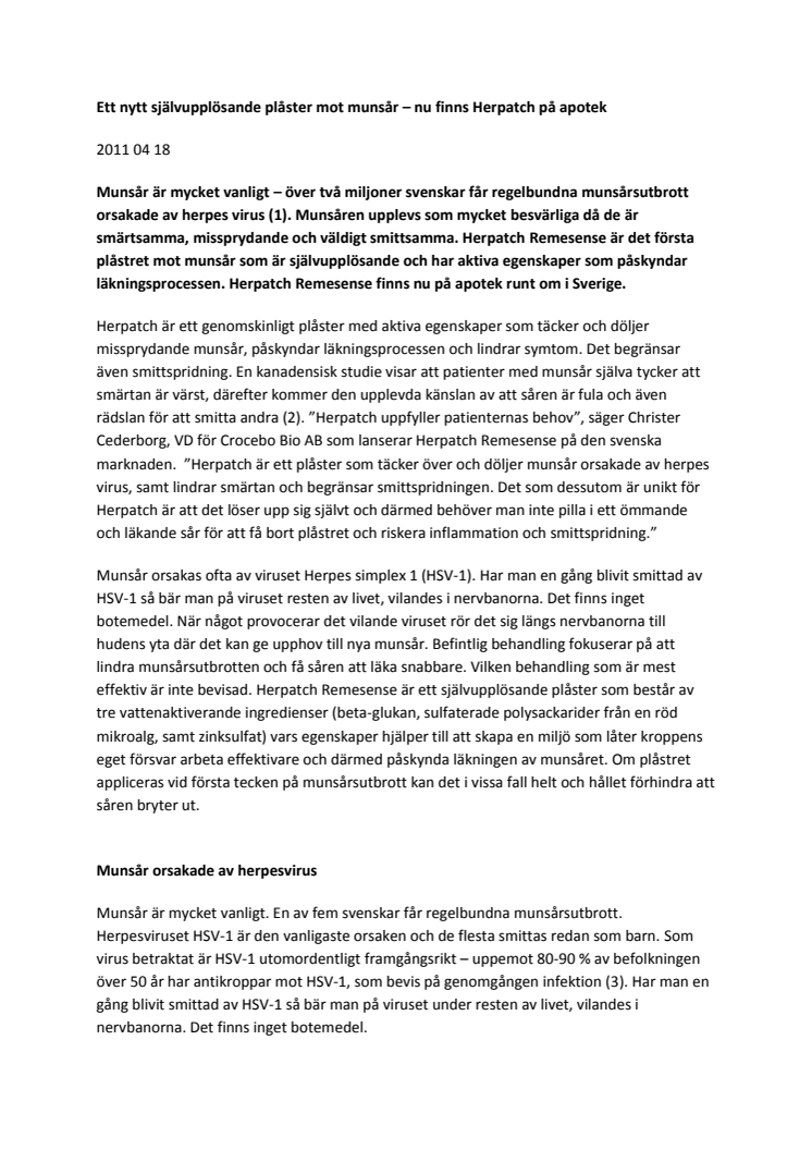 Ett nytt självupplösande plåster mot munsår – nu finns Herpatch på apotek