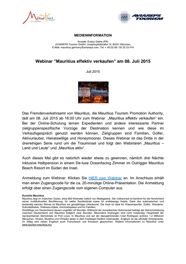 Webinar "Mauritius effektiv verkaufen" am 08. Juli 2015