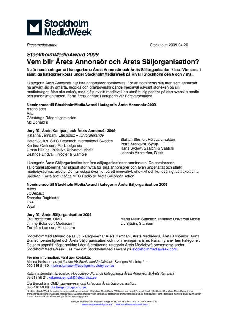 StockholmMediaAward 2009: Vem blir Årets Annonsör och Årets Säljorganisation?