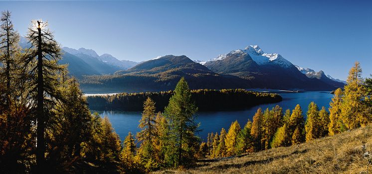 Frühnebel über dem Silsersee (1797 m) im Oberengadin, Graubünden 