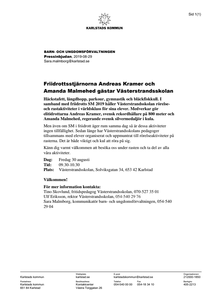 Pressinbjudan: Friidrottsstjärnorna Andreas Kramer och Amanda Malmehed gästar Västerstrandsskolan 