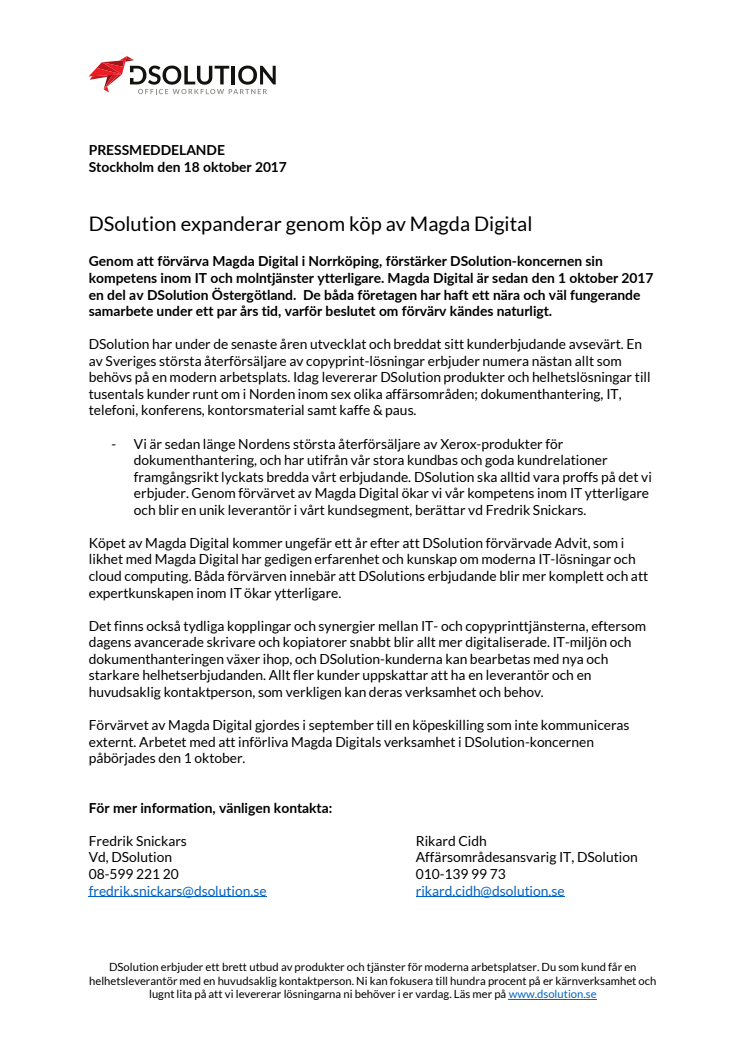 DSolution expanderar genom köp av Magda Digital 