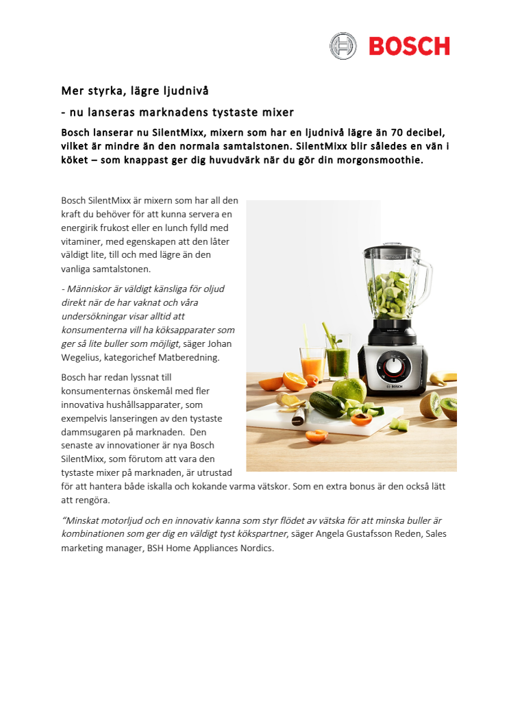 Bosch lanserar marknadens tystaste mixer