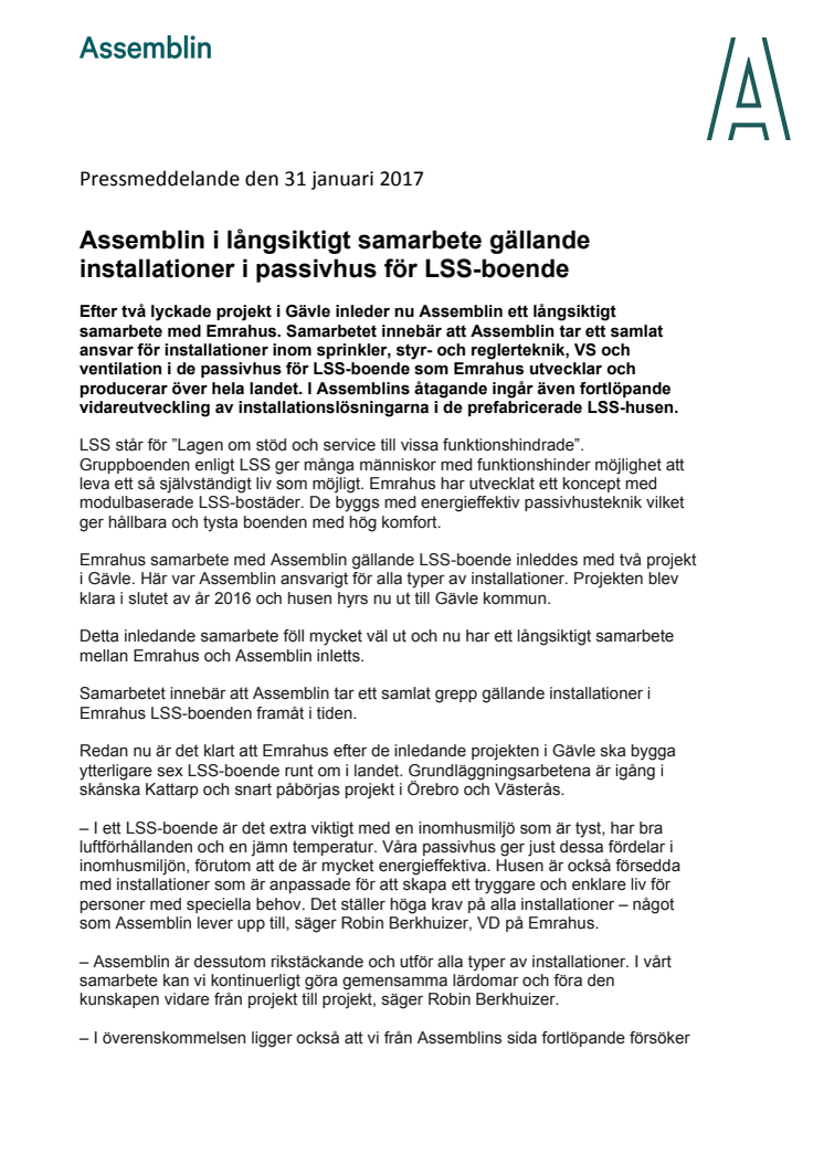 Assemblin i långsiktigt samarbete gällande installationer i passivhus för LSS-boende 