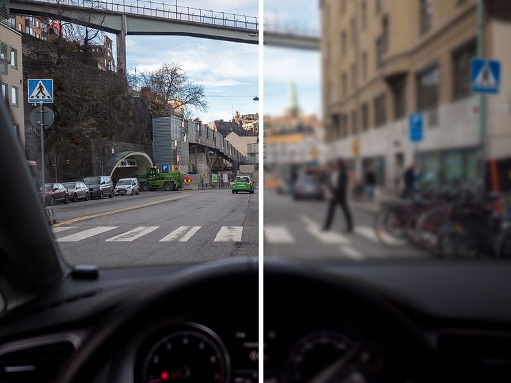 Foto: PMAGI AB/Petter. Höger sida visar en uppskattning av hur var sjätte bilist ser. De har en skärpa som är visus 0,5 eller sämre vilket innebär att de börjar se oskarpt på ca 1-2 meters avstånd. 