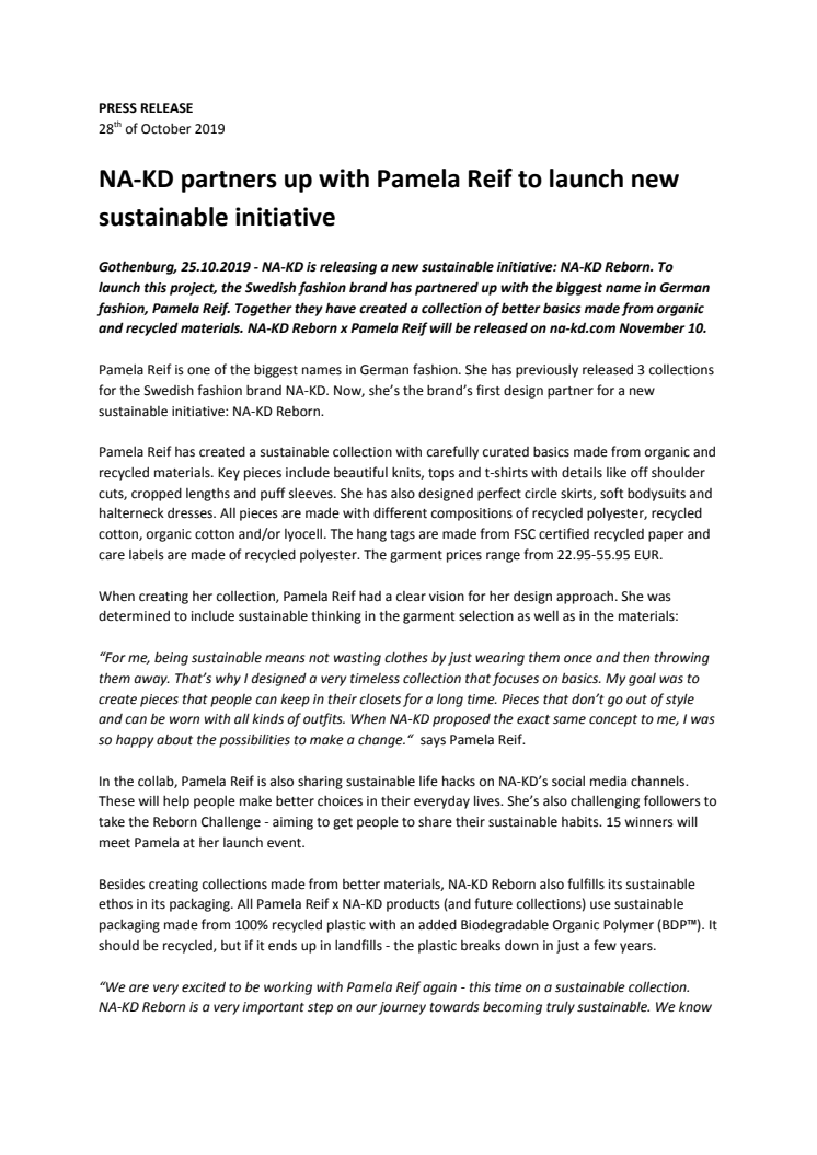 NA-KD partners up with Pamela Reif to launch new sustainable initiative 