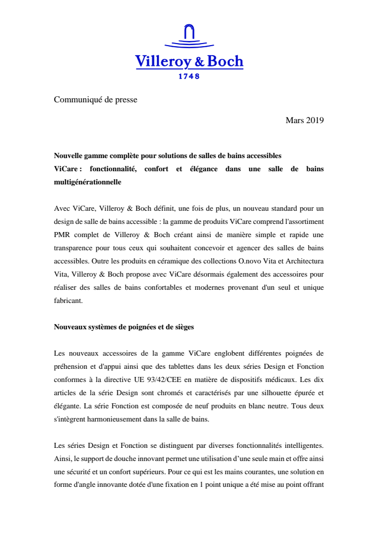 Nouvelle gamme complète pour solutions de salles de bains accessibles - ViCare : fonctionnalité, confort et élégance dans une salle de bains multigénérationnelle