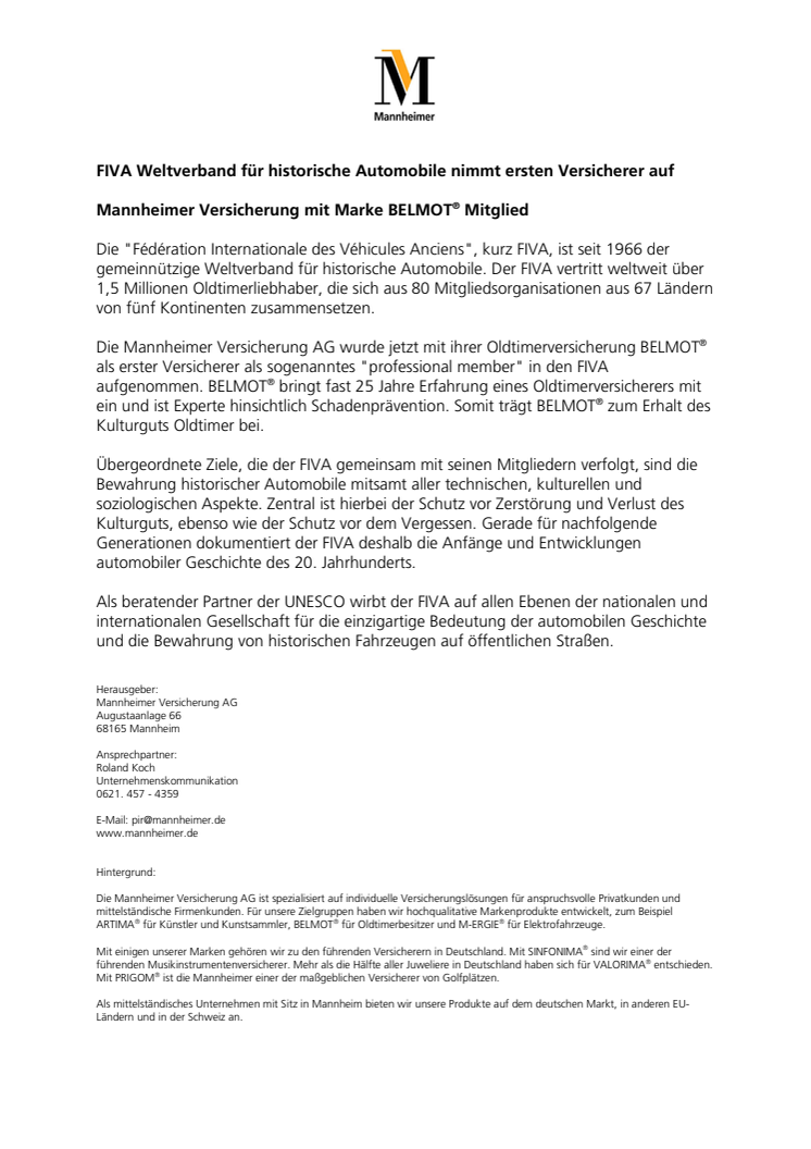 FIVA Weltverband für historische Automobile nimmt ersten Versicherer auf - Mannheimer Versicherung mit Marke BELMOT® Mitglied 