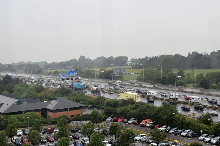 Summer traffic in heavy rain on the M5/M4 interchange near Bristol