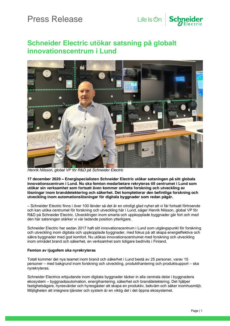 Schneider Electric utökar satsning på globalt innovationscentrum i Lund 