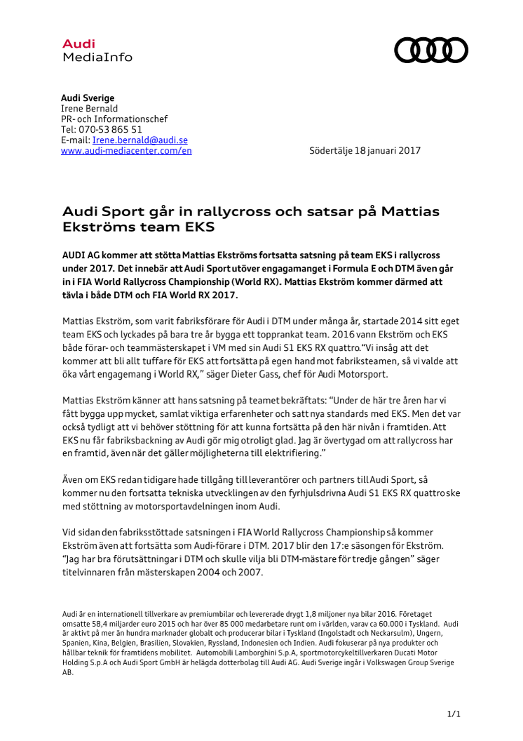 Audi Sport går in rallycross och satsar på Mattias Ekströms team EKS