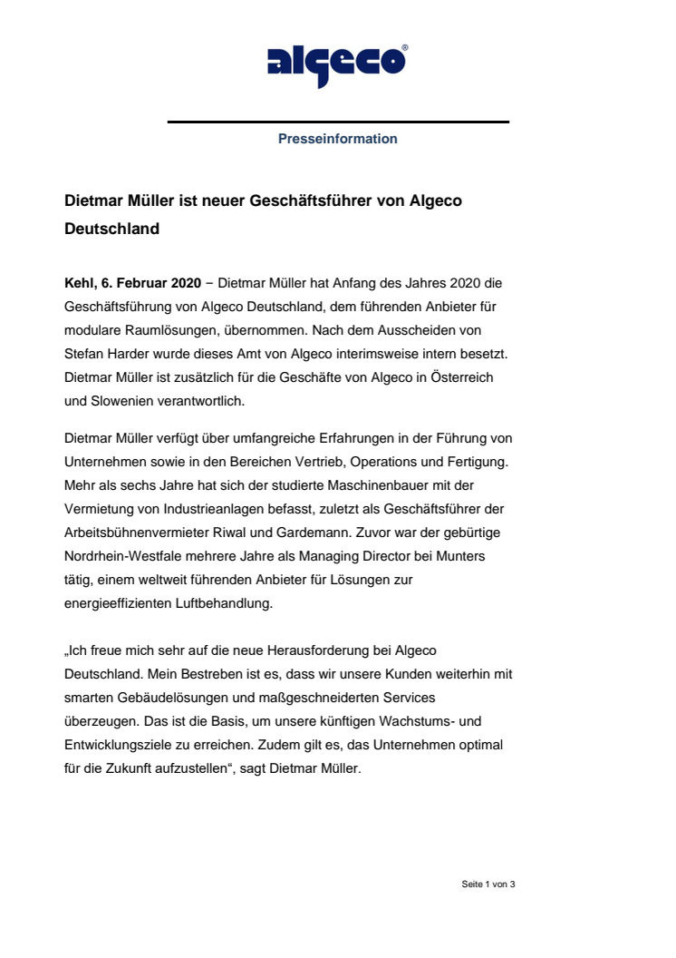 Dietmar Müller ist neuer Geschäftsführer von Algeco Deutschland