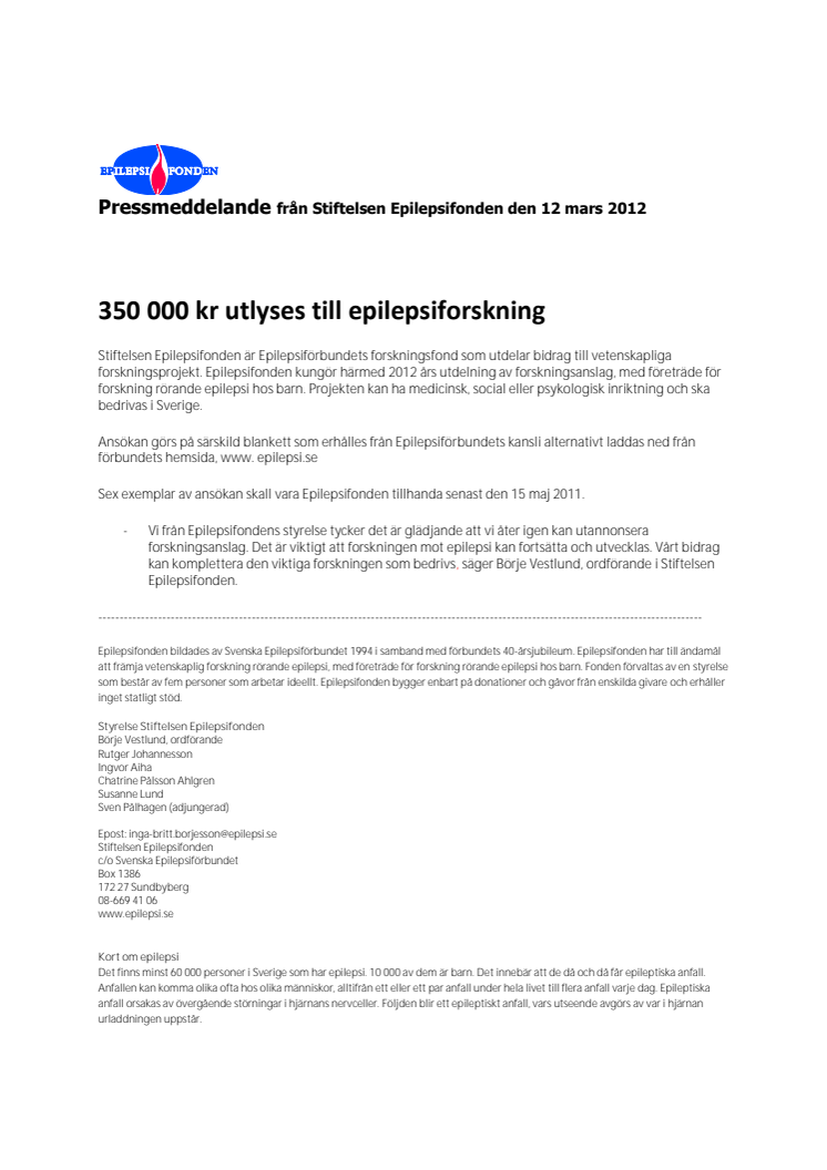 350 000 kr utlyses till epilepsiforskning