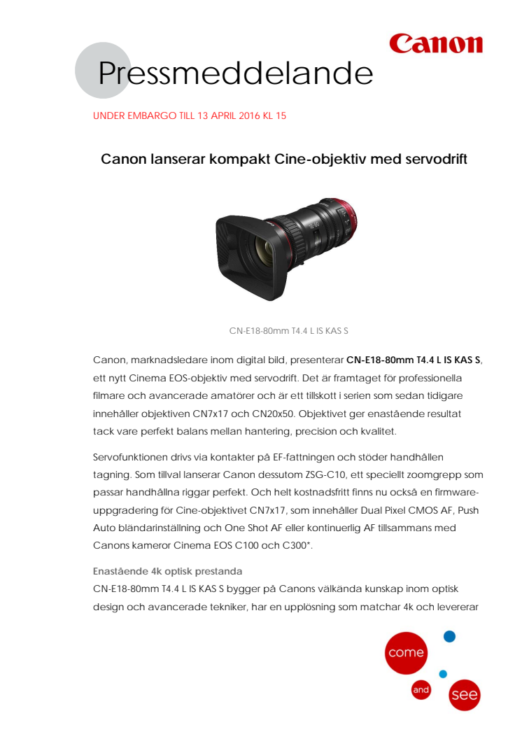 Canon lanserar kompakt Cine-objektiv med servodrift