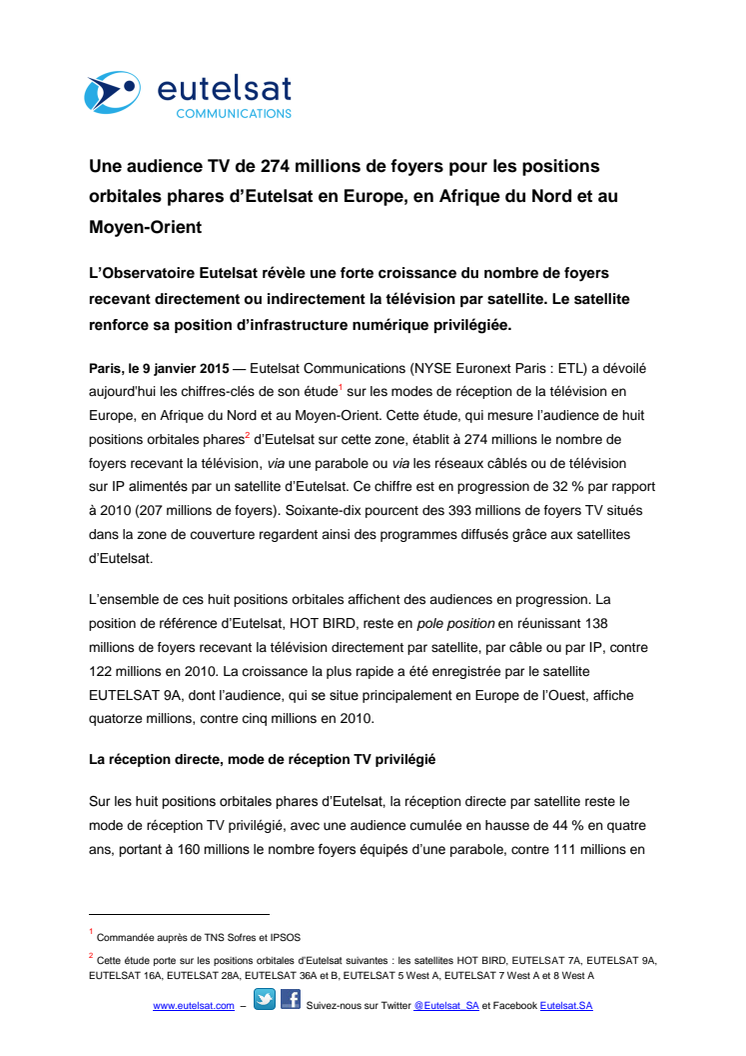 Une audience TV de 274 millions de foyers pour les positions orbitales phares d’Eutelsat en Europe, en Afrique du Nord et au Moyen-Orient