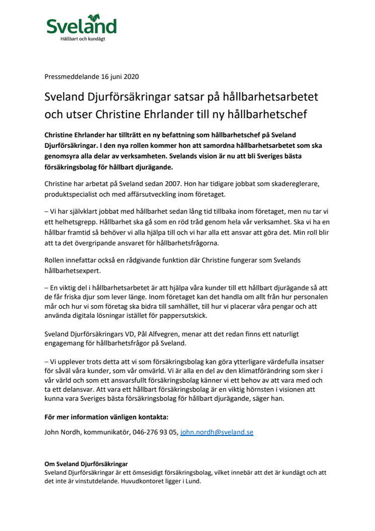 Sveland Djurförsäkringar satsar på hållbarhetsarbetet och utser Christine Ehrlander till ny hållbarhetschef
