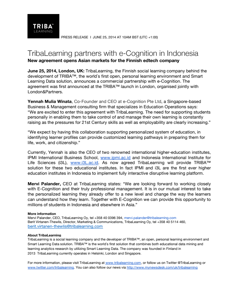 New agreement with e-Cognition opens Asian markets for TribaLearning