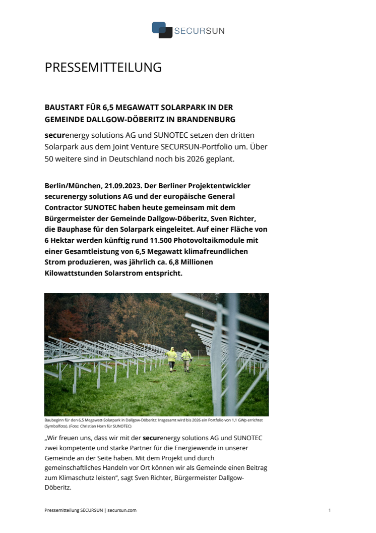 Pressemitteilung: Baustart für 6,5 Megawatt Solarpark in der Gemeinde Dallgow-Döberitz in Brandenbrug
