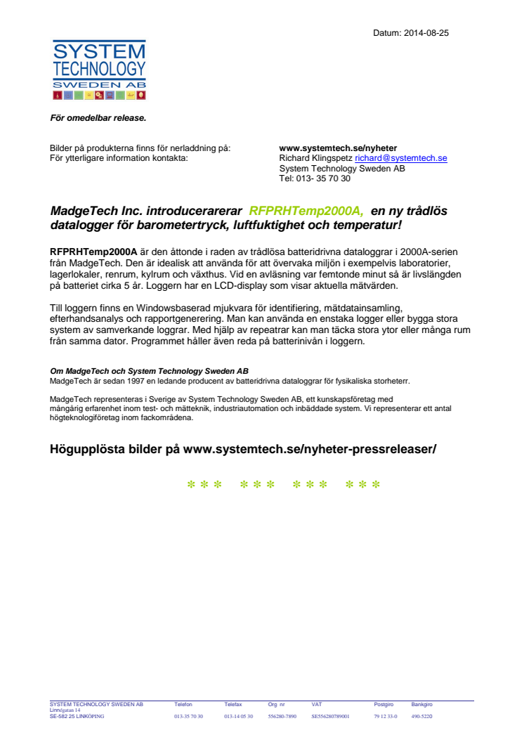 RFPRHTemp2000A - Ny trådlös datalogger 