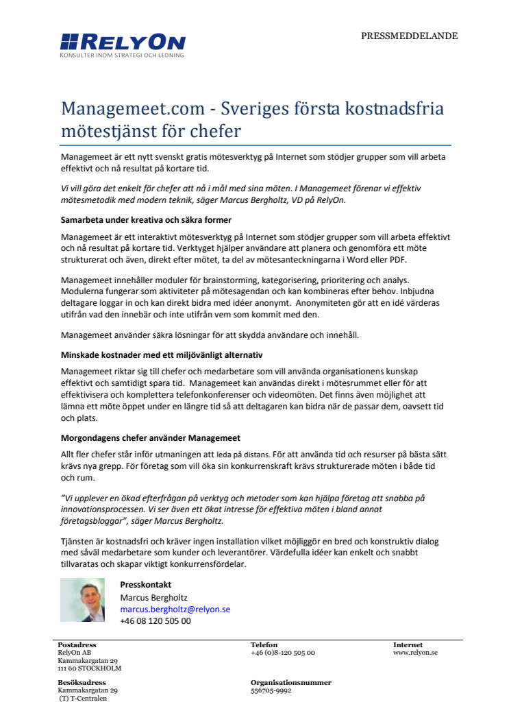 Managemeet.com - Sveriges första kostnadsfria mötestjänst för chefer 