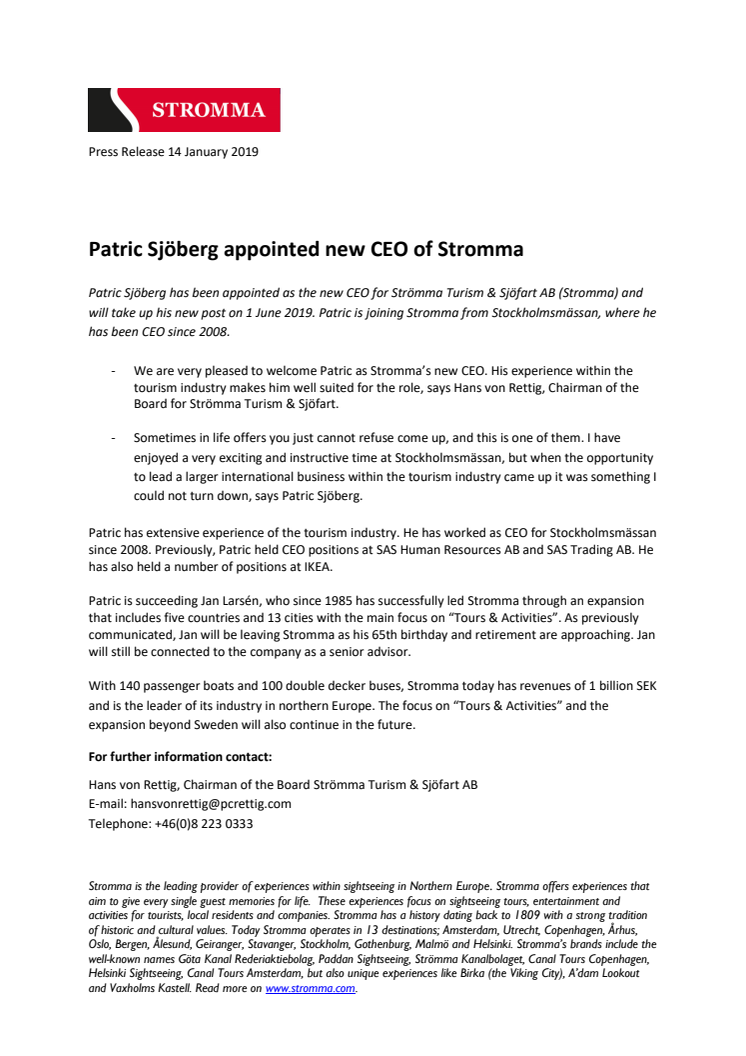 Patric Sjöberg appointed new CEO of Stromma 