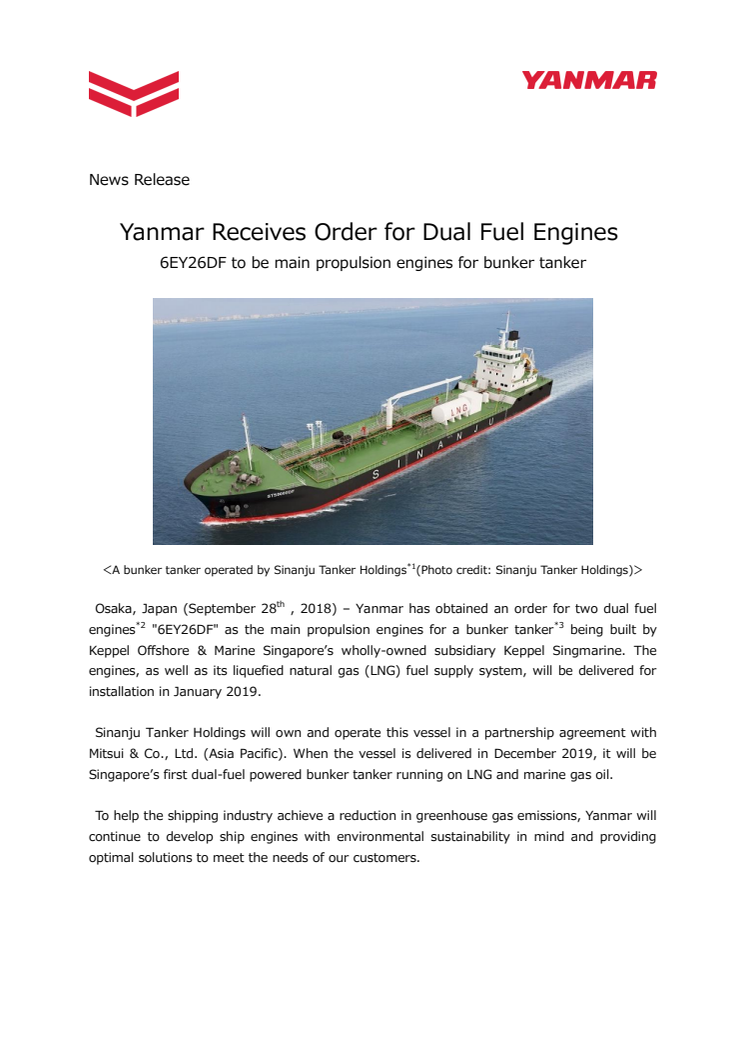 Yanmar Receives Order for Dual Fuel Engines