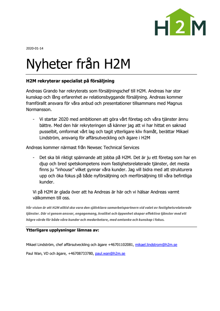 H2M rekryterar ny försäljningschef