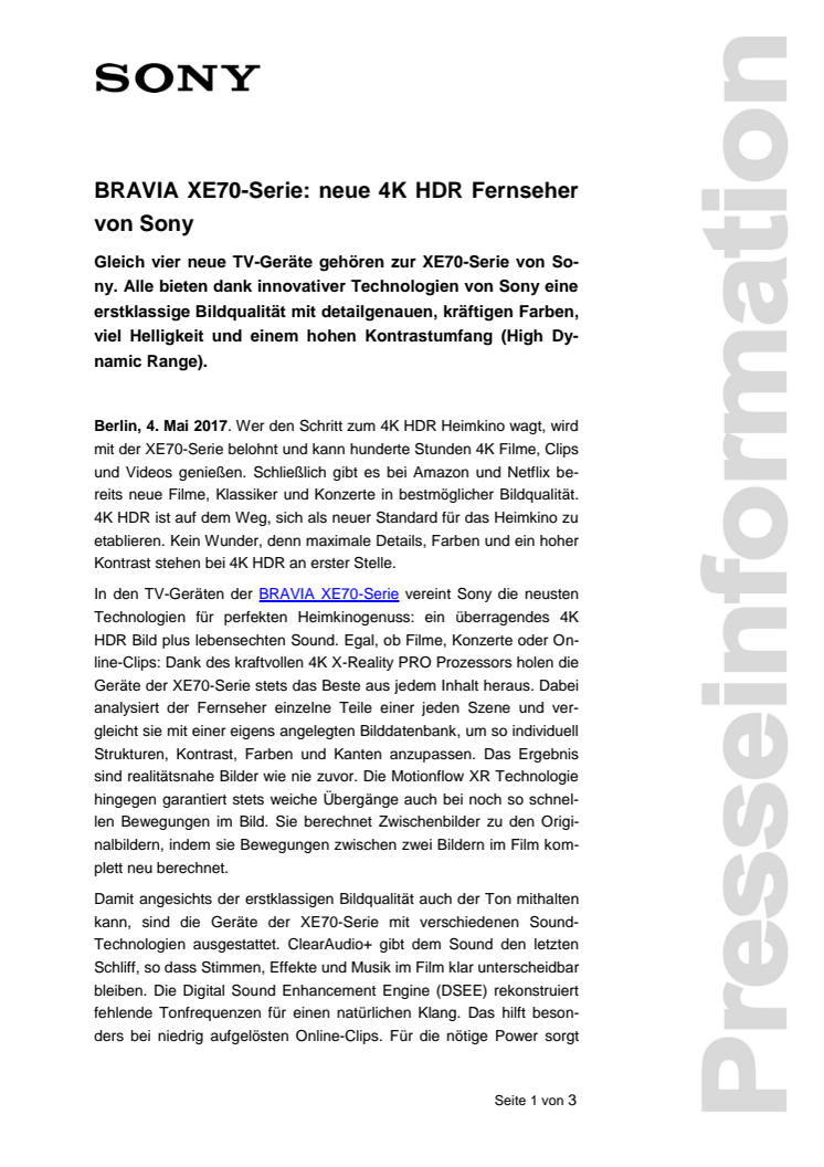 BRAVIA XE70-Serie: neue 4K HDR Fernseher von Sony