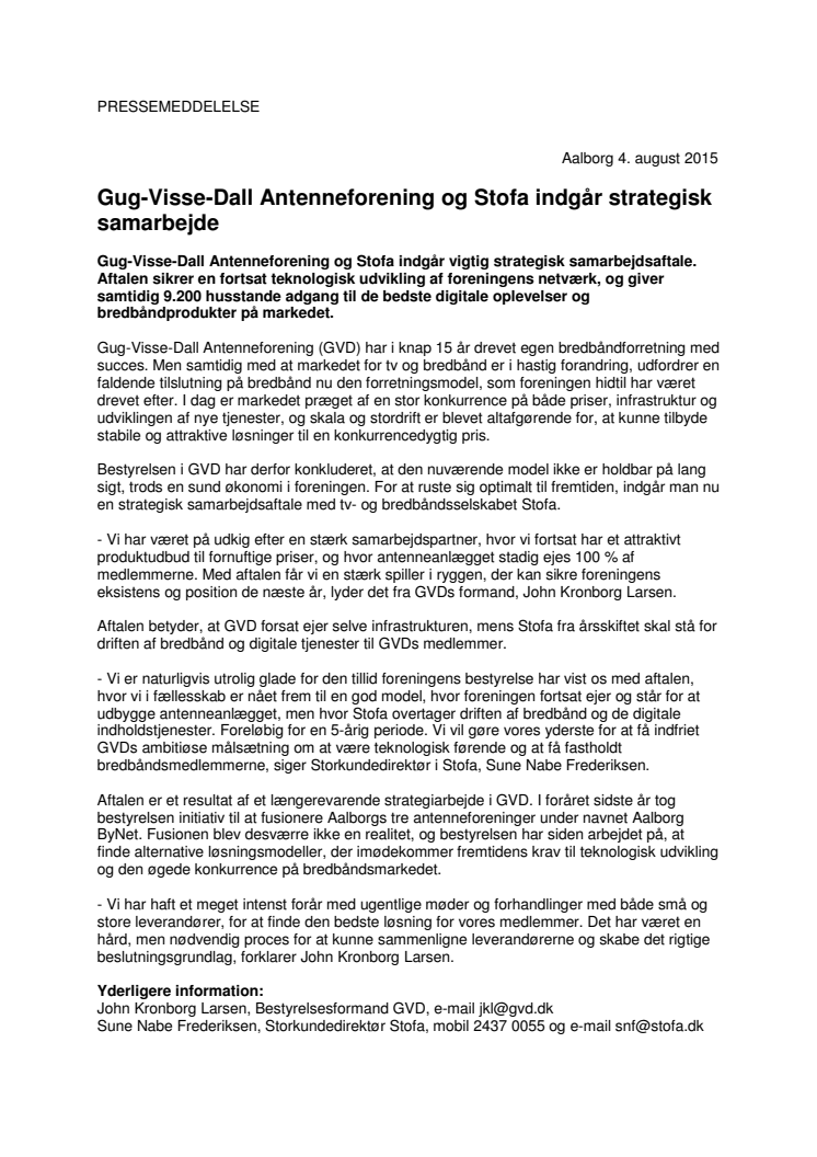 ​Gug-Visse-Dall Antenneforening og Stofa indgår strategisk samarbejde