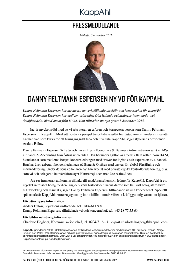 Danny Feltmann Espersen ny vd för KappAhl