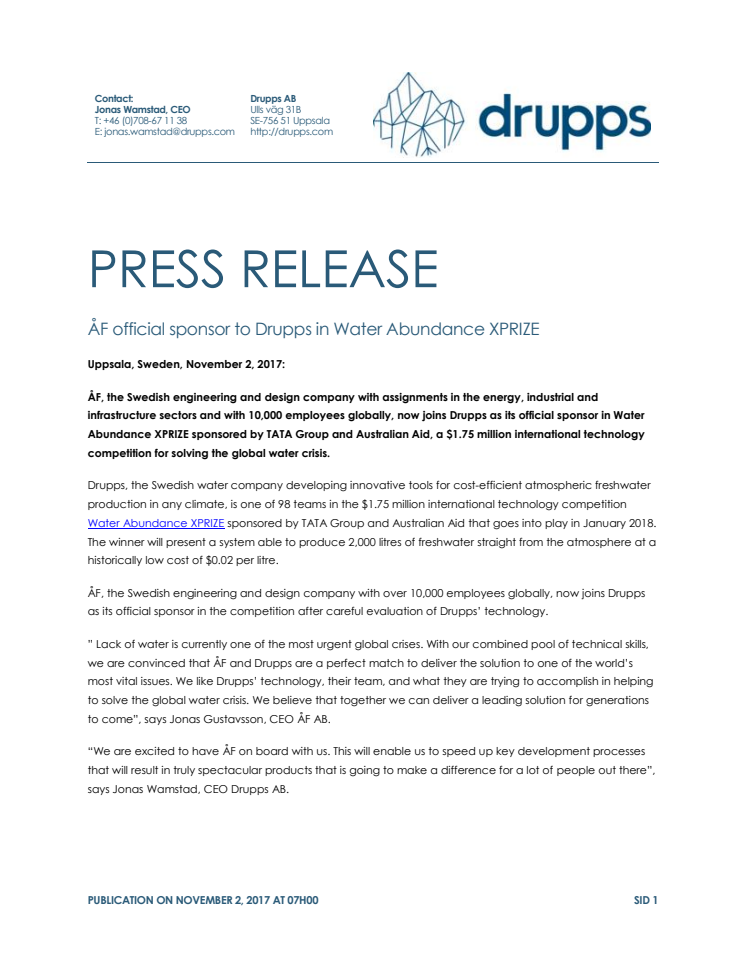 ÅF official sponsor to Drupps in Water Abundance XPRIZE