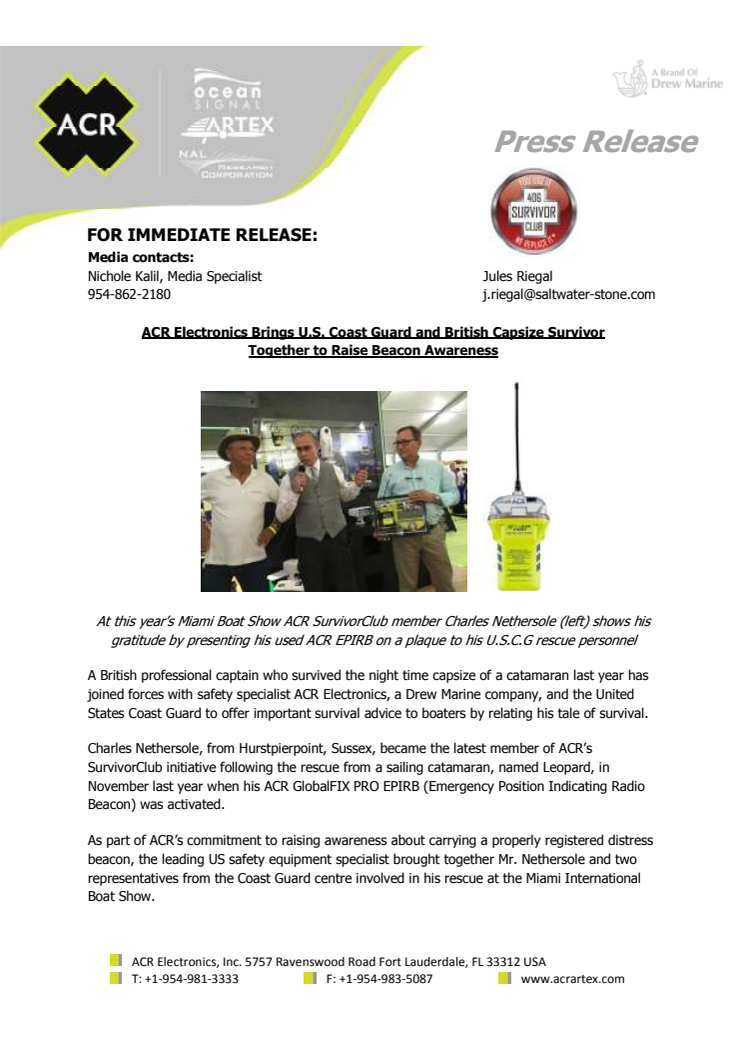 ACR Electronics: ACR Electronics Brings U.S. Coast Guard and British Capsize Survivor Together to Raise Beacon Awareness