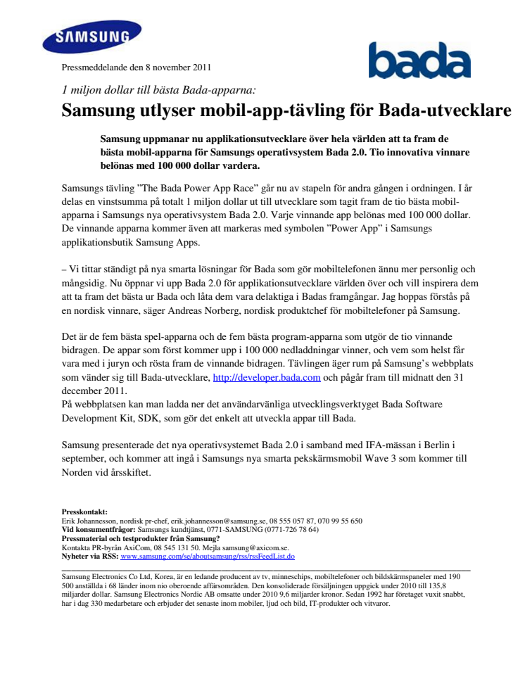 Samsung utlyser mobil-app-tävling för Bada-utvecklare