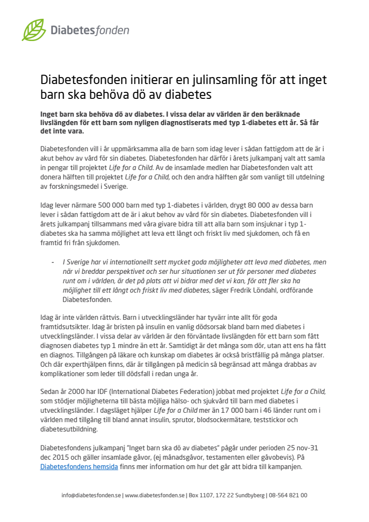 Diabetesfonden initierar en julinsamling för att inget barn ska behöva dö av diabetes