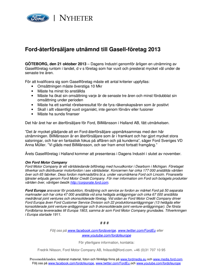 Ford-återförsäljare utnämnd till Gasell-företag 2013