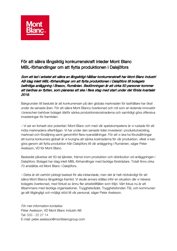 Mont Blanc inleder förhandlingar om att flytta produktionen i Dalsjöfors