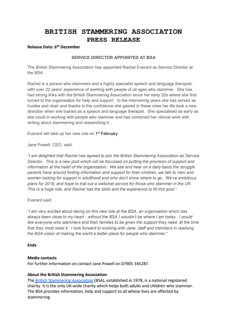 Service Director Appointed at British Stammering Association 